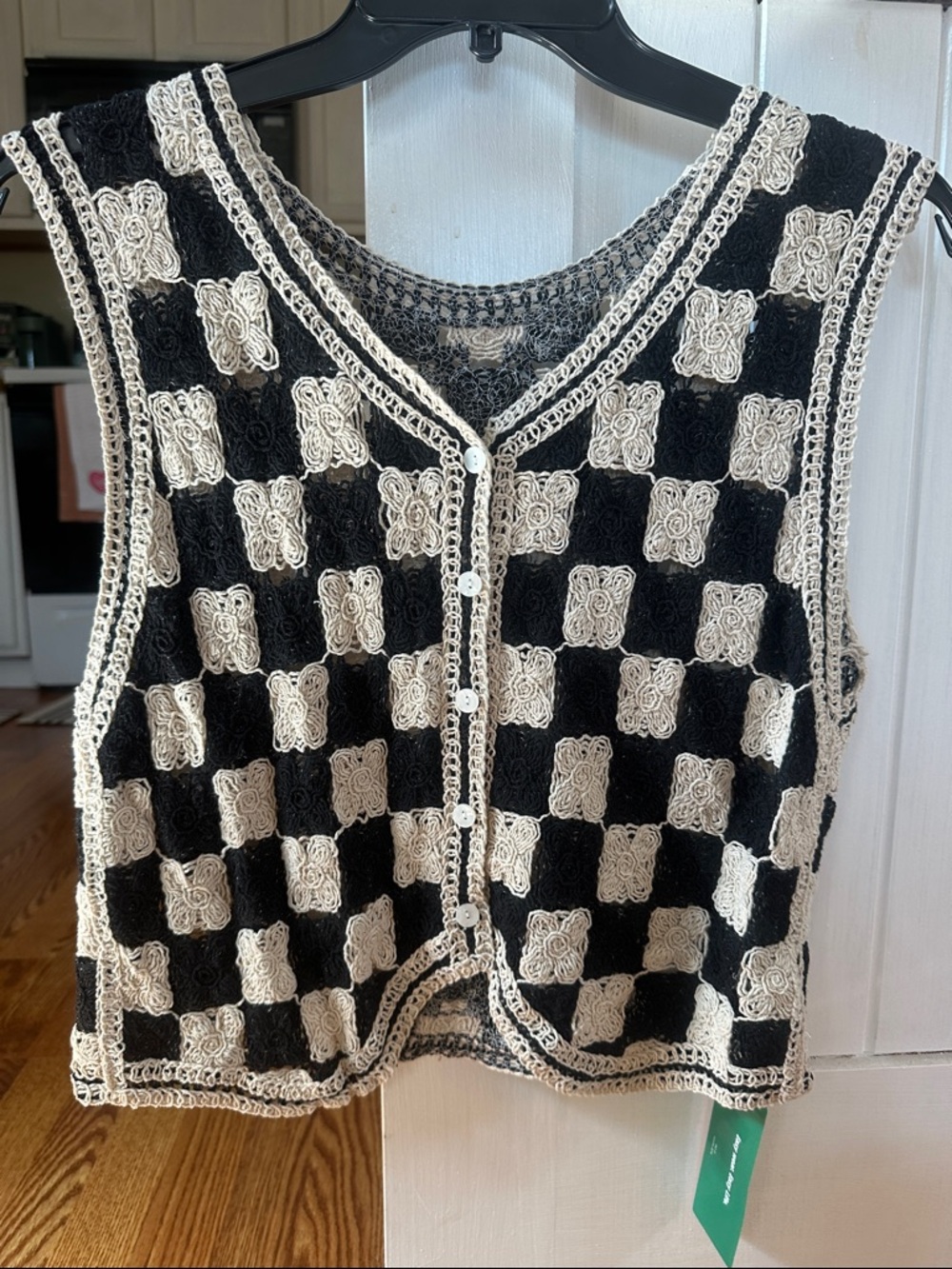 SHEIN Black and Cream Crocheted Checkered Crop Top